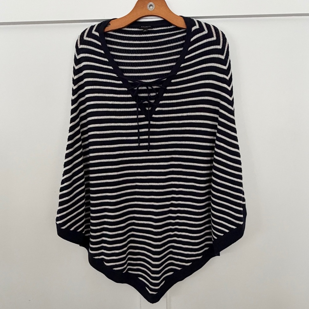 Talbots Women's Blue Striped sweater Poncho Nautical Coastal Grandma Ties Large